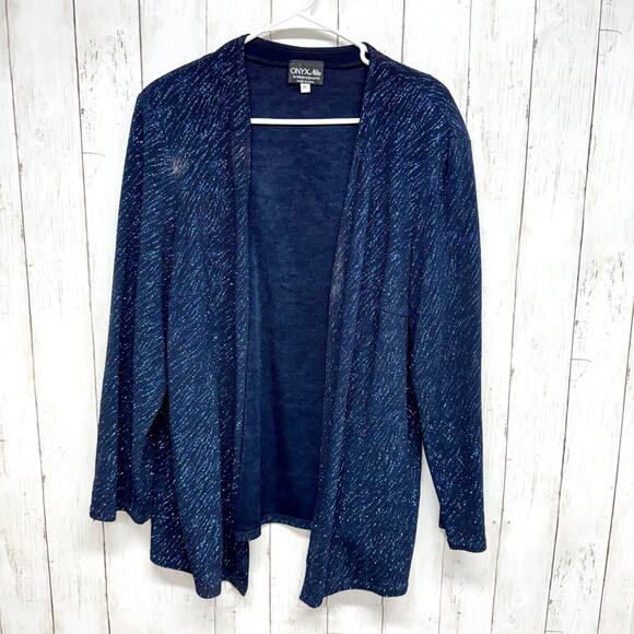 Onyx Nite Cardigan 16 Open Front Black Blue Sparkle Holiday Party Work Sparkled - Picture 1 of 5